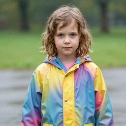 a photograph of a seven year old girl with short wavy curly light brown hair and blue eyes wearing a colorful raincoat in the rain.