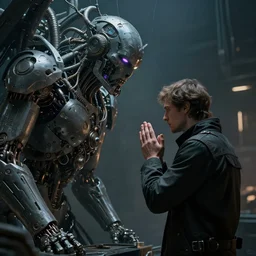 sci fi cyberpunk fantasy art a man prays to the god of machines, by greg rutkowski ultrahd dark volumetric lighting hyper detailed unreal engine octane render