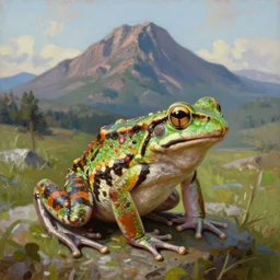 a brightly - colored frog, a single huge mountain in the background, extremely detailed oil painting, sargent and leyendecker, savrasov levitan polenov, bruce pennington, tim hildebrandt, digital art, landscape painting, trending on artstation, masterpiece