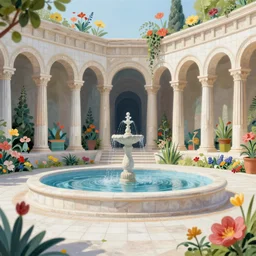 inside ancient athens, ancient athens renewed, beautiful architecture, flowers and plants, tiny detailed petals leaves and white tiling, luxury royalty, water features, extremely high detail, realistic, digital art, 8 k, ultra hd, pen and acrylic style, fine, very saturated garden colors, blur, dof