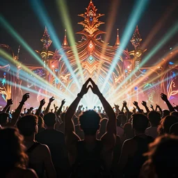 crowd partying with their hands up at a festival, silhouette, light beams, digital art, trending on artstation, 4k, unreal engine, intricate, ornate