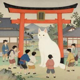 Japanese painting of a Nekomata. Villagers are building a tori gate to honor the Nekomata.