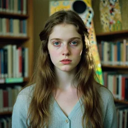 close up of a girl in a library, film still by edward hopper, by gottfried helnwein, by klimt, art noveau, highly detailed, strong lights, liminal, eerie, bright pastel colors,