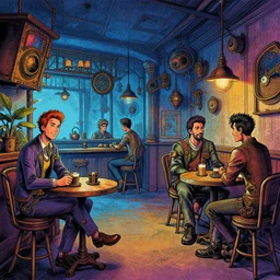 inked illustrated portrait steampunk cafe interior, colorful, mads berg, christopher balaskas, victo ngai, rich texture, detailed, dynamic composition, wide angle, blue filter, noisy gradients
