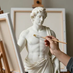 a marble statue of a man holding a paintbrush in front of an easel with an empty canvas, front view camera, depth of field, professional photography, realistic, 4 k, very detailed, natural lighting, defined shadows