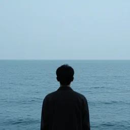 A film still of a silhouetted figure facing towards the ocean, establishing shot, cool lighting, dusk, beach setting