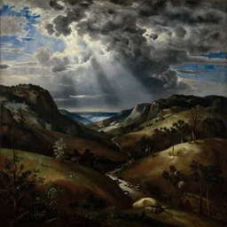 beautiful painting of dark valley with a little stream in a landscape,drammatic sky, rays of light passing through the clouds, painting by Titian