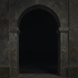 gazing through a dark etherial stone archway to the void, pitch black night sky, quiet and serene atmosphere, intricate high detail matte painting masterpiece