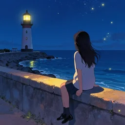 woman sitting on wall looking at the ocean. lighthouse. stars. fireflies. winter. manga. rich colours