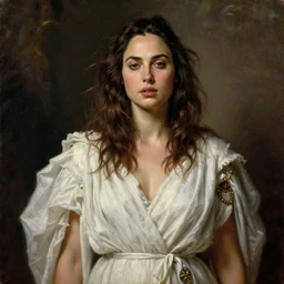Oil painting of the beautiful woman Gal Gadot, she is wearing some withe old cloths and a surreal ornate, her hair is natural disheveled, naturalism, dramatic lighting, high-detailed oil painting by Ilya Repin, Michelangelo da Caravaggio, William Blake, Alex Grey and Beksinski, trending on Artsatio, masterpiece, 4k, 8k,