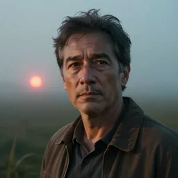 a cinematic headshot portrait of an emotional middle aged male stood in a fog filled field, a neon light shines in the distance, ultra realistic, depth, beautiful lighting