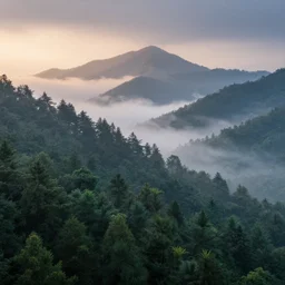 beautiful foggy rainy forest mountain landscape with a majestic sunrise, art, high detail, high definition, photorealistic, hdr,