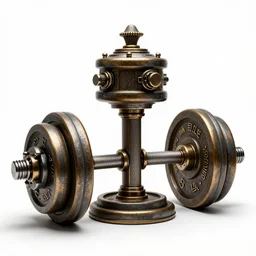 steampunk barbell, high detail macro photography, isolated on a pure white background, centered, entire object in frame, sharp focus, soft studio lighting