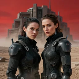 cinestill 5 0 d photographic portrait of two loving female androids wearing rugged black techwear on a desolate plain with a red sky, brutalist structure, extreme closeup, cyberpunk style, dust storm, 8 k, hd, high resolution, 3 5 mm, f / 3 2, ultra realistic faces, ex machina