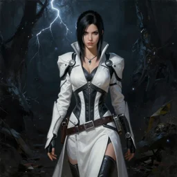 painting of Miranda Lawson from the mass effect game series, dark background, cinematic lightning, fantasy world, centered, white and black clothing, black hair - n 9