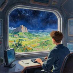 a painting of a stunning landscape on a spaceship looking through a window into stars, striking lighting, a computer on a table, the wall is a window, ilya kuvshinov, greg rutkowski, john singer sargent, anime, trending on artstation, intricate