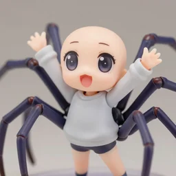 complete figure of cute spider wearing comfy blouse, multiple appendages, personification, tsurime eyes, tareme eyes, eyes by kon satoshi, ^. ^ eyes, dynamic pose, amiami, aniplex, kotobukiya, beautiful composition, 4 5 mm lens, focal length 2, hdr, eye - level shot