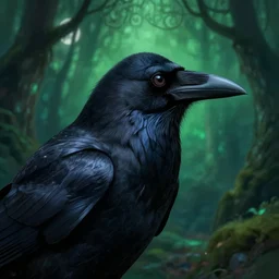 side portrait dark crow (animal), close-up, fantasy forest landscape, moonshine, fantasy magic, nice black feather, proud, green dark light night, intricate, elegant, sharp focus, illustration, highly detailed, digital painting, concept art, matte, art by WLOP and Artgerm and Greg Rutkowski and Eddie Mendoza, masterpiece
