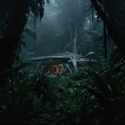 a dark research outpost in a lush foggy jungle at night, screenshot from a sci - fi film, 1 9 8 0 s, film still, dark atmosphere, incredible alien vegetation, futuristic research building archictecture