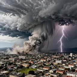 a wide shot of california being engulfed by an earthquake, hurricane, tornado, tsunami and lightning storm simultaneously, vast destruction to the land and buildings, apocalypse