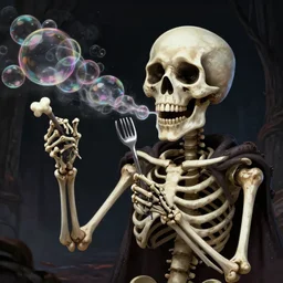 happy skeleton blowing soap bubbles with bone utensils, dark horror, digital art, high detail