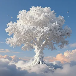 a beautiful digital painting of a white tree merged in the clouds, birds flying in the sunlight, totaly white trunk made of smoke, blue sky at sunset, elegant, highly detailed, artstation, concept art, matte, sharp focus, art by tom bagshaw, kelogsloops and greg rutkowski