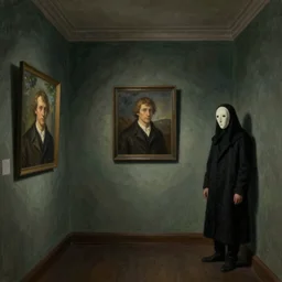 creepy Liminal interior of RE7, paintings on the wall, masked person in corner, in the style of Edward Hooper and Vilhelm Hammershøi and Albert Bierstadt
