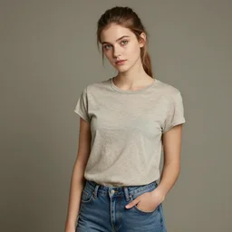 portrait of an 20-something Canadian dressed in, light brown hair, green eyes, vintage tshirt and jeans, pony tail, girl next door innocent look, elegant pose, masterpiece