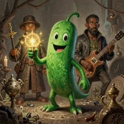 Pickle Rick fantasy, fantasy magic, intricate, sharp focus, illustration, highly detailed, digital painting, concept art, jahbu art and Paul lewin and kehinde wiley, masterpiece