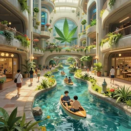 an optimistic futuristic pedestrian mall with landscaped stream waterways - the main method of transportation which people swim in, pop motifs, by ghibli, cannabis leaf signs