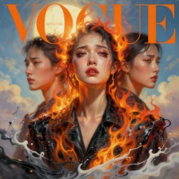 3 d, crying fashion model, flame, liquid black and milk water, sun, vogue cover style, poster art, high detail, intricate oil painting, multiple exposure, heaven mood, hyperrealism, 3 d, by tooth wu and wlop and beeple and greg rutkowski