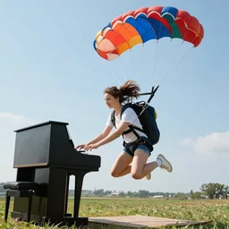 girl is playing the piano while jumping with a parachute