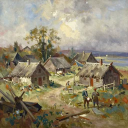 paint brush strokes, abstract watercolor painting of rustic viking village at midday, ambient lighting, art by hans dahl, by jesper ejsing, art by anders zorn, wonderful masterpiece by greg rutkowski, cinematic light, american romanticism by greg manchess, creation by tyler edlin