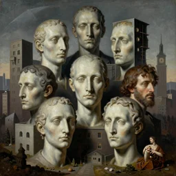 dystopian surreal painting of eerie head statues surrounded by buildings by zdzisław beksinski and caravaggio