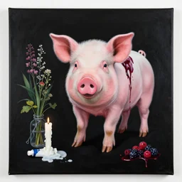 “ a portrait in a black apartment, sensual, a pig theme, art supplies, paint tubes, ikebana, herbs, a candle dripping white wax, squashed berries, berry juice drips, acrylic and spray paint and oilstick on canvas, surrealism, neoexpressionism ”