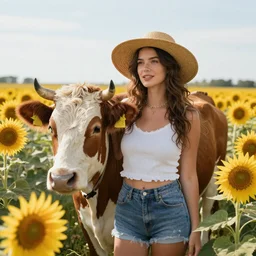 southern belle cow, outside in a field of sunflowers, 4k
