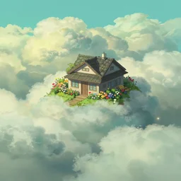 pale green clouds, a house with a garden full of flowers is above the clouds, light effect, by miyazaki hayao and makoto shinkai, trending on behance, 8 k - - ar 9 : 1 6