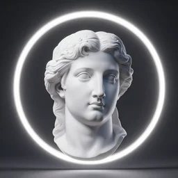 a giant neon ring surrounding a renaissance statue head