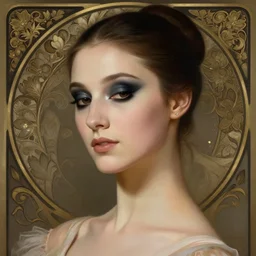 portrait of ballerina with dark eye shadow, studio lighting, intricate, elegant, highly detailed, digital painting, artstation, concept art, smooth, sharp focus, illustration, art by artgerm and greg rutkowski and alphonse mucha