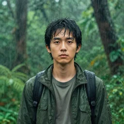 a portrait of a character in a rainforest by Ruan Jia, raining