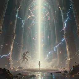otherworldly ambient occlusion render metaphysical scifi cosmic omnipotent creatures entering the ethereal plane cathedral, leading lines, fractal lightning, lichtenberg figures, vanishing point, volumetric lighting, god rays, lasers, psionics, energy waves, muted vaporwave ombre, 8 k, cgartist, artstation