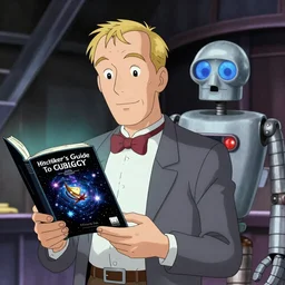 Douglas Adams as Ford Prefect holding the Hitch Hiker's Guide to the Galaxy, Marvin the robot in the background, ambient lighting, 4k, anime key visual, lois van baarle, ilya kuvshinov, rossdraws, artstation