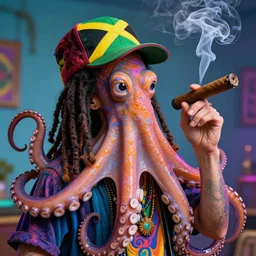 an octopus as cheech and chong with a jamaican cap and dreadlocks, smoking a thick cigar, psychdelic multicolored, 8 k