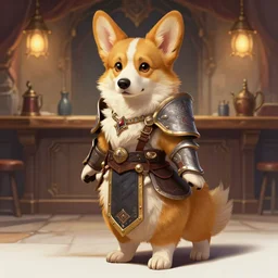 full body photograph of a female anthropomorphic corgi fursona paladin in a tavern, deep focus, intricate, elegant, highly detailed, digital painting, artstation, concept art, matte, sharp focus, illustration, d & d, fantasy, hearthstone, art by artgerm and greg rutkowski and alphonse mucha