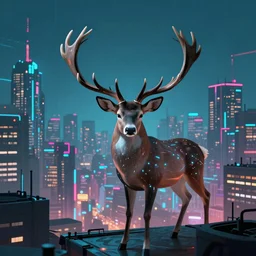 A cyberpunk deer overlooking the city, digital art