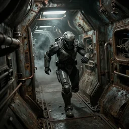 horror movie scene of an individual in futuristic armor being chased down a hallway, running through a deep space mining space station, rusty metal walls, broken pipes, side angle, dark colors, muted colors, tense atmosphere, mist floats in the air, amazing value control, dead space, moody colors, dramatic lighting, ussg ishimura, frank frazetta