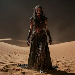 terrific jinn demon in middle of desert with hoof on his feet with long cloth, horror, dark atmosphere, harsh lighting, cinematic lighting, scary, award wining art, artstation, high details, concept art, 4 k