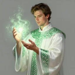 character concept portrait of Matt Bomer as a cleric healer enchanting a light spell. Magic aura, white silk robes with elaborate green patterns, elegant. digital painting, concept art, smooth, sharp focus, illustration, from Metal Gear, by Ruan Jia and Mandy Jurgens and William-Adolphe Bouguereau, Artgerm