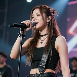 highly detailed portrait of a rock star singing at the rock concert. Rock star looks like Aloy. Portrait, highly detailed, photo realistic, energetic atmosphere, rock concert, music, 8K, octane render, unreal engine