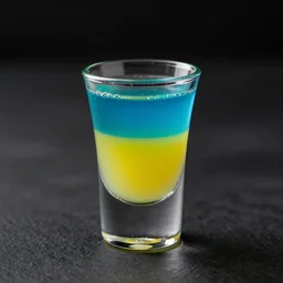 cocktail in the colors of the ukrainian flag, alcoholic shot, drink, national cocktail, detailed, photorealistic, unreal engine, render, 8 k